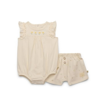 easy-peasy Baby Girls Organic Cotton Ruffle Bodysuit with Embroidered Yoke and Floral Shorts Set, 2-Piece, Sizes 0-24M