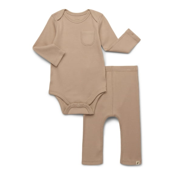 easy-peasy Baby Boys or Girls Organic Rib Long Sleeve Bodysuit with Pocket and Leggings Set, 2-Piece, Sizes 0M-24M