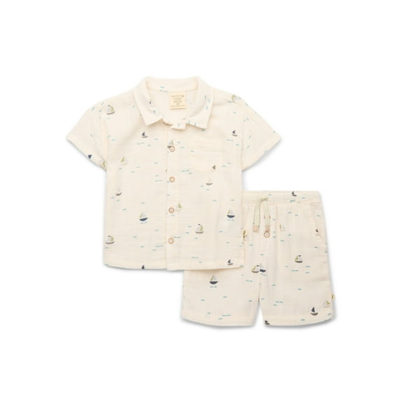 easy-peasy Toddler Boy Organic Gauze Button Up Shirt & Gauze Shorts Outfit Set, 2-Piece, Sizes 18M-5T