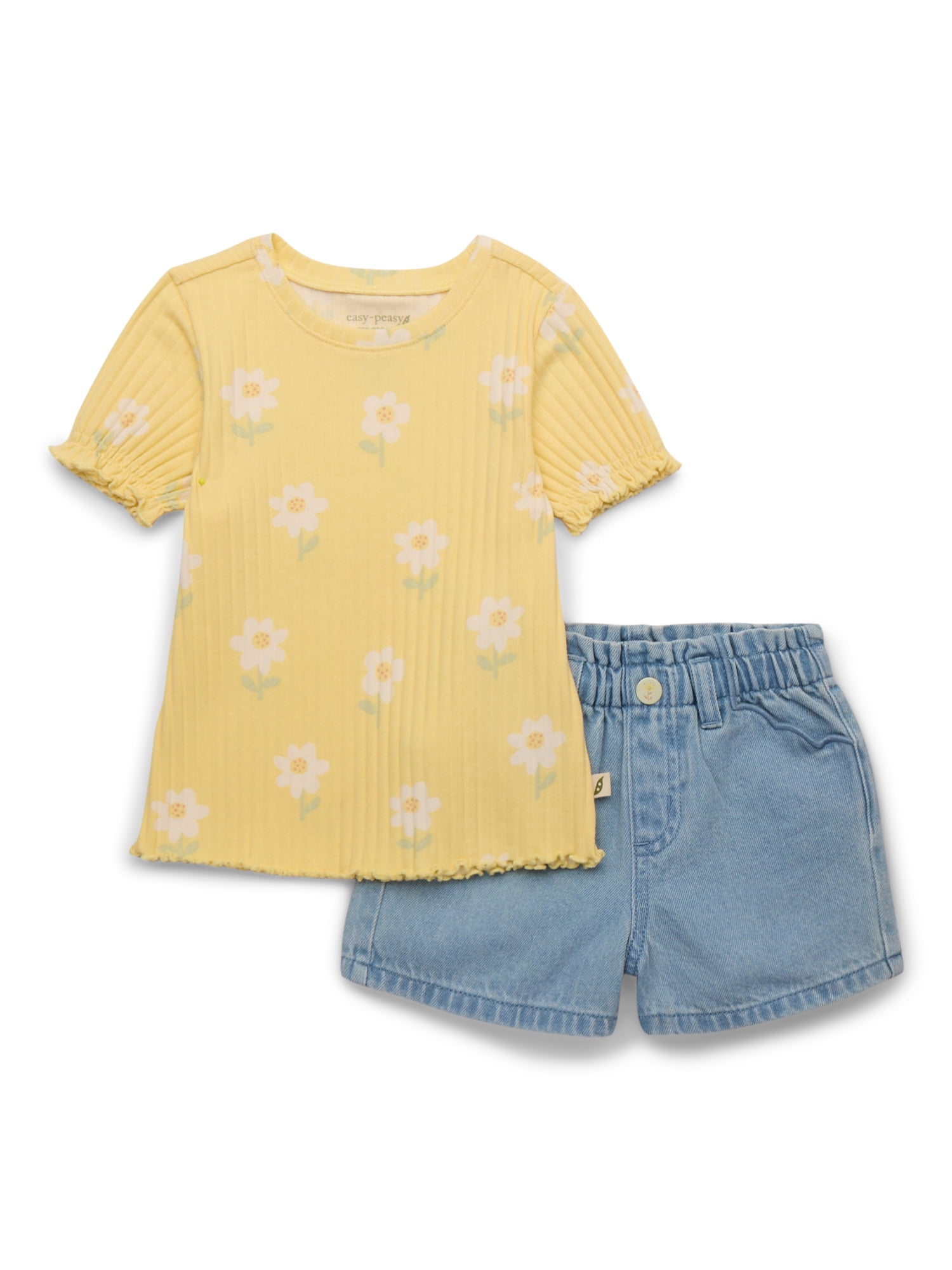 easy-peasy Toddler Girl Rib Lettuce HemTop & Denim Short Outfit Set, 2 ...