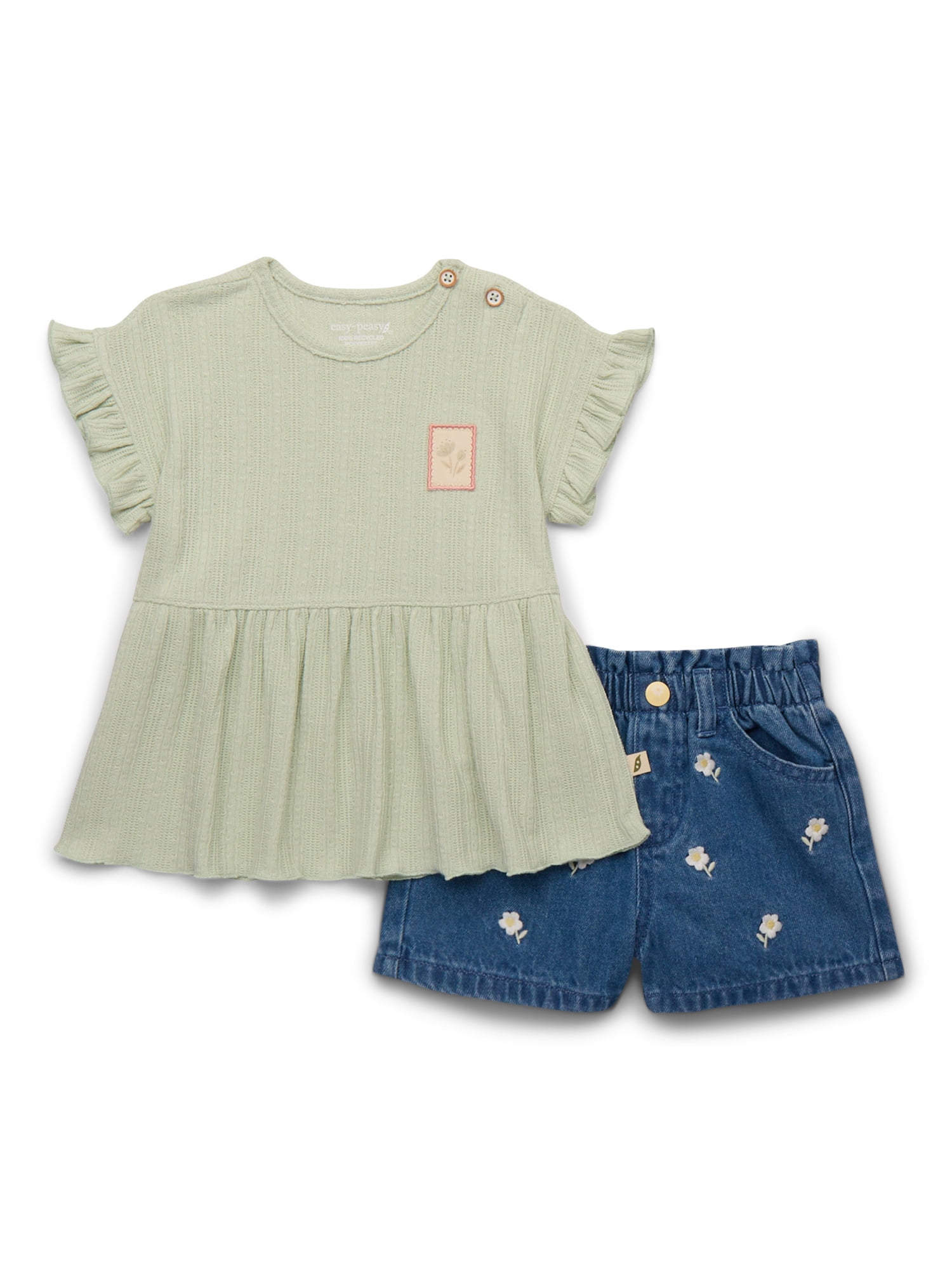 easy-peasy Toddler Girls Hacci Crochet Peplum Top & Embroidered Denim Shorts Set, 2-Piece, Sizes 18M-5T