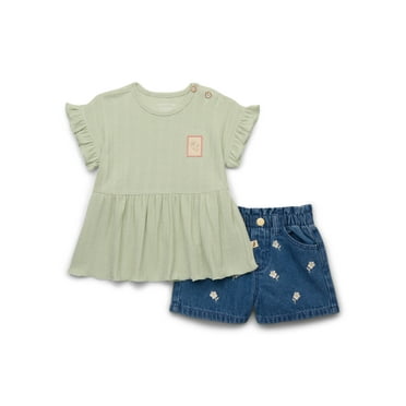 easy-peasy Toddler Girls Hacci Crochet Peplum Top & Embroidered Denim Shorts Set, 2-Piece, Sizes 18M-5T
