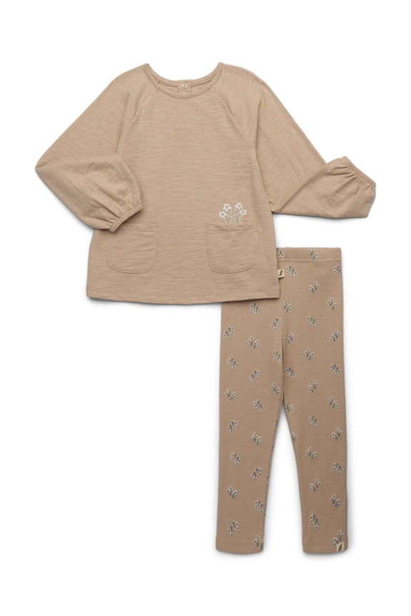 Toddler Girls Organic Raglan Top with Long-Sleeves & Rib Leggings Set, 2-Piece, Sizes 18M-5T