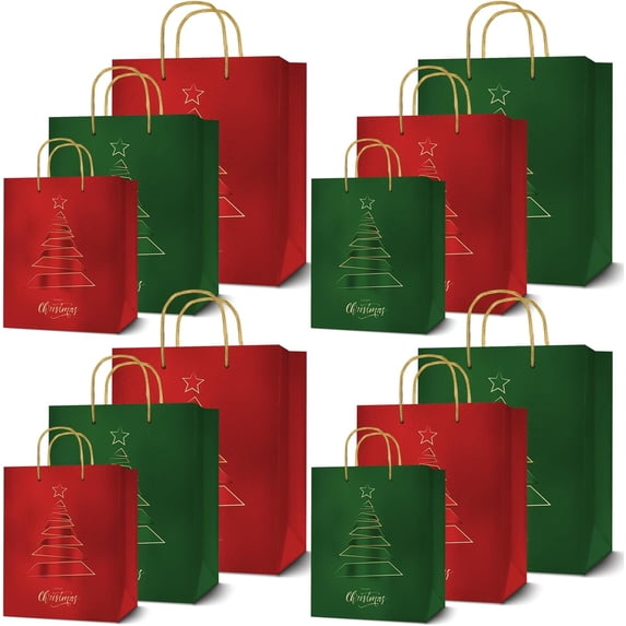 easykart labels 12 Christmas Gift Bags, Red & Green Metallic & Texture Finish with Golden& Spot Gloss Xmas Tree, Assorted Sizes With Handle (4 Extra Large 16", 4 Large 12", 4 Medium 9")