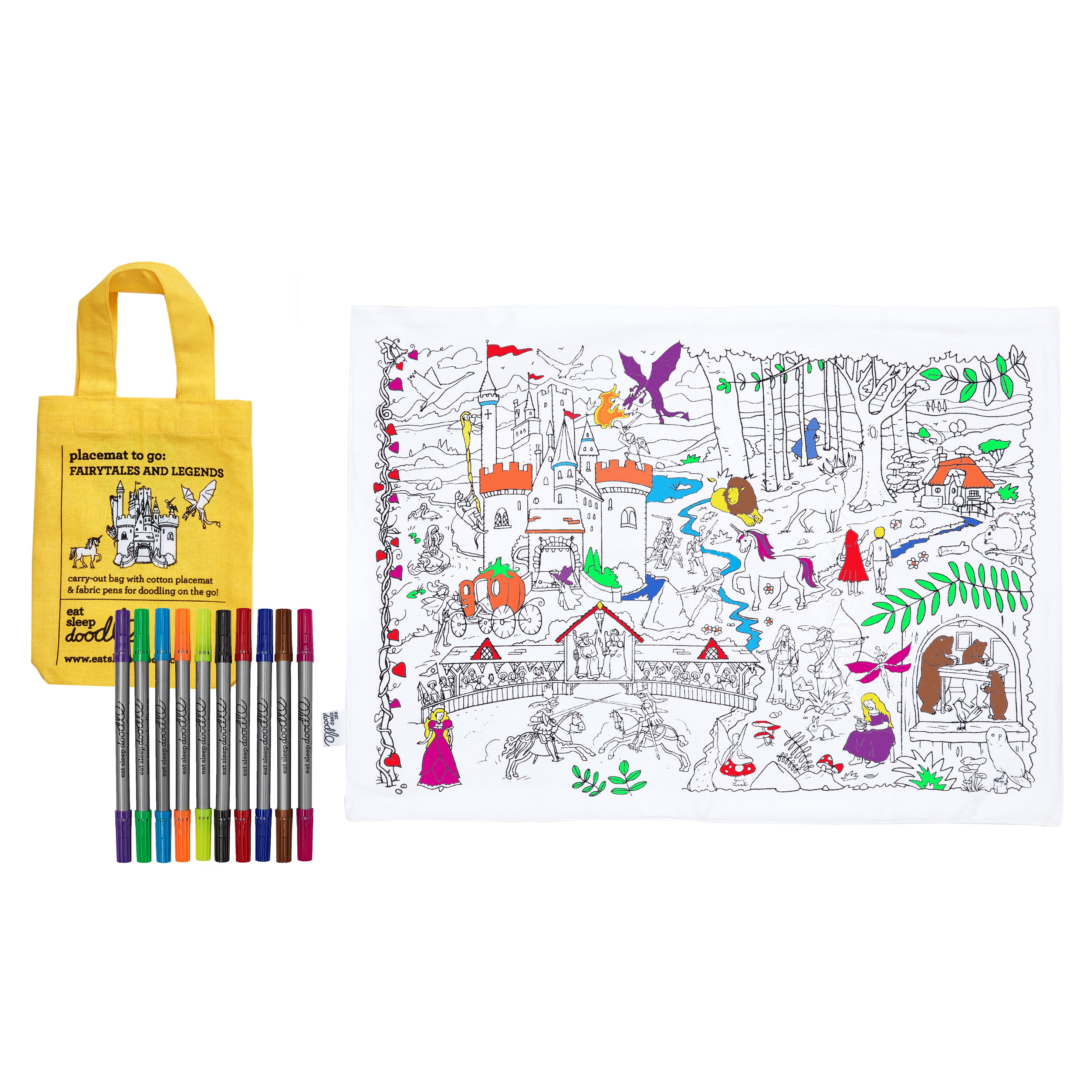 eatsleepdoodle Coloring Cotton Placemat with Washable Markers - Fairy Tale and Princess Color in Activity Craft Kit for Girls and Boys Age 3+