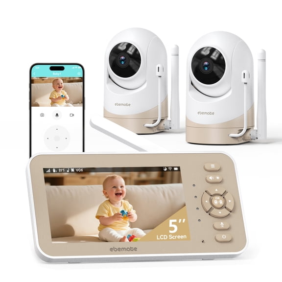 ebemate Video Baby Monitor Camera with Two Camera, 5" LCD Screen Video & Audio No Glow Night Vision,2-Way Talk Audio Cam Baby Monitoring 1500FT Range EBE50P-2