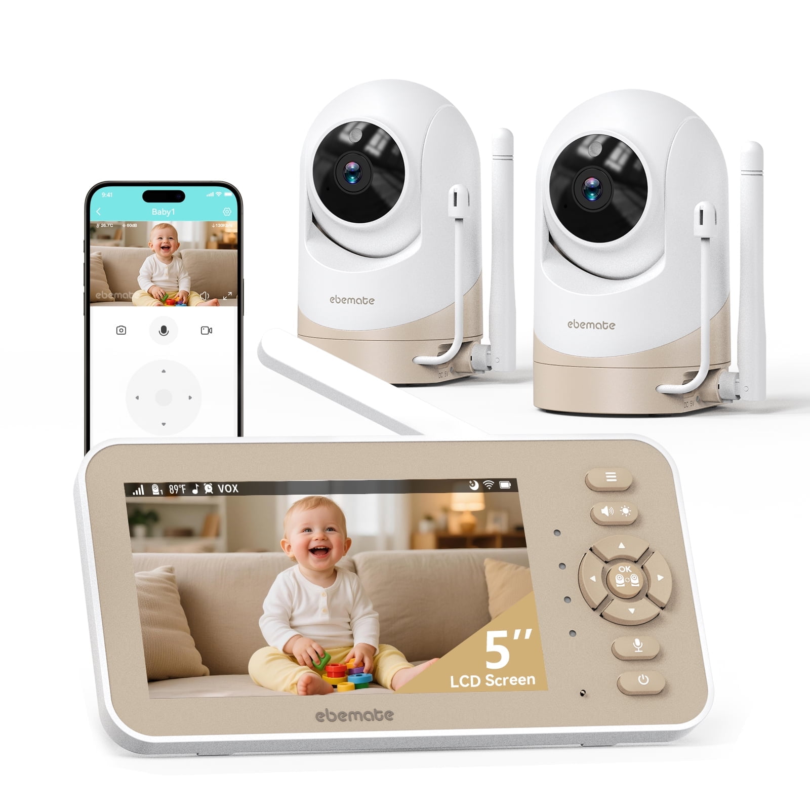 ebemate Video Baby Monitor Camera with Two Camera, 5" LCD Screen Video & Audio No Glow Night Vision,2-Way Talk Audio Cam Baby Monitoring 1500FT Range EBE50P-2