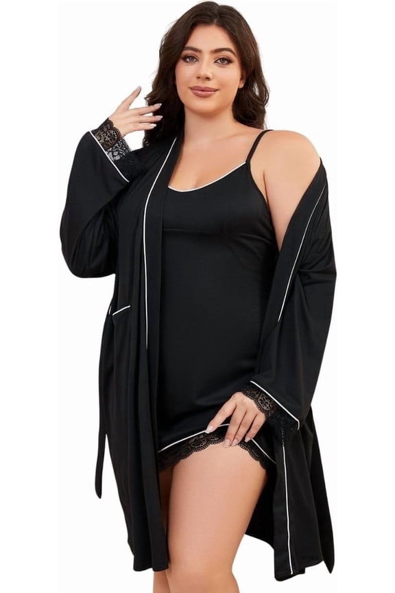 Plus Size Pajamas 2 Piece Sexy Lace Long Sleeve Nightgown and Outer Robe Soft Sleepwear, Sizes 1XL-4XL