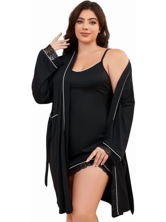 Plus Size Pajamas 2 Piece Sexy Lace Long Sleeve Nightgown and Outer Robe Soft Sleepwear, Sizes 1XL-4XL