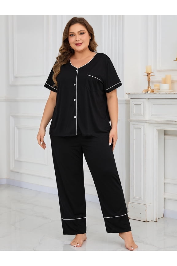 Pajama for Women Sets 2 Piece Short Sleeve Loungewear Black Women's Sleepwear, Sizes 1XL-4XL