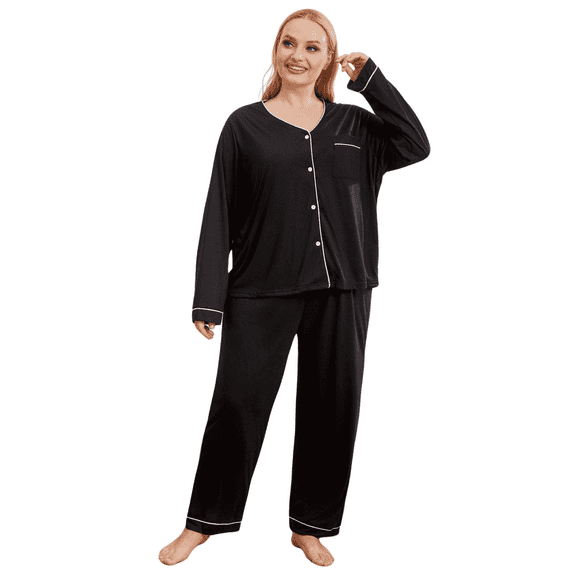 ebukurty Plus Size Pajama Sets 2 Piece V-Neck Long Sleeve Botton Sleepwear, Size 1XL-4XL