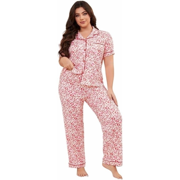ebukurty Plus Size Valentines Day Pajamas Sets for Women 2 Piece Short Sleeve Heart Print Soft Lounge Sets, Sizes 1XL-4XL