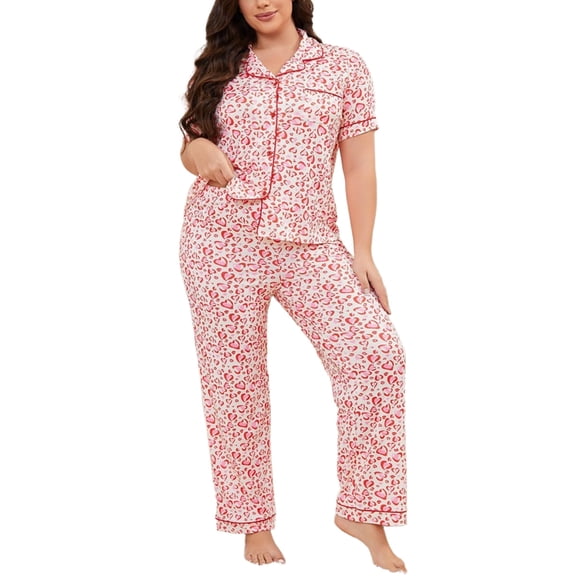 ebukurty Plus Size Pajama Sets for Women 2 Piece Short Sleeve Heart Print Soft Valentines Day Pajamas, Sizes 1XL-4XL
