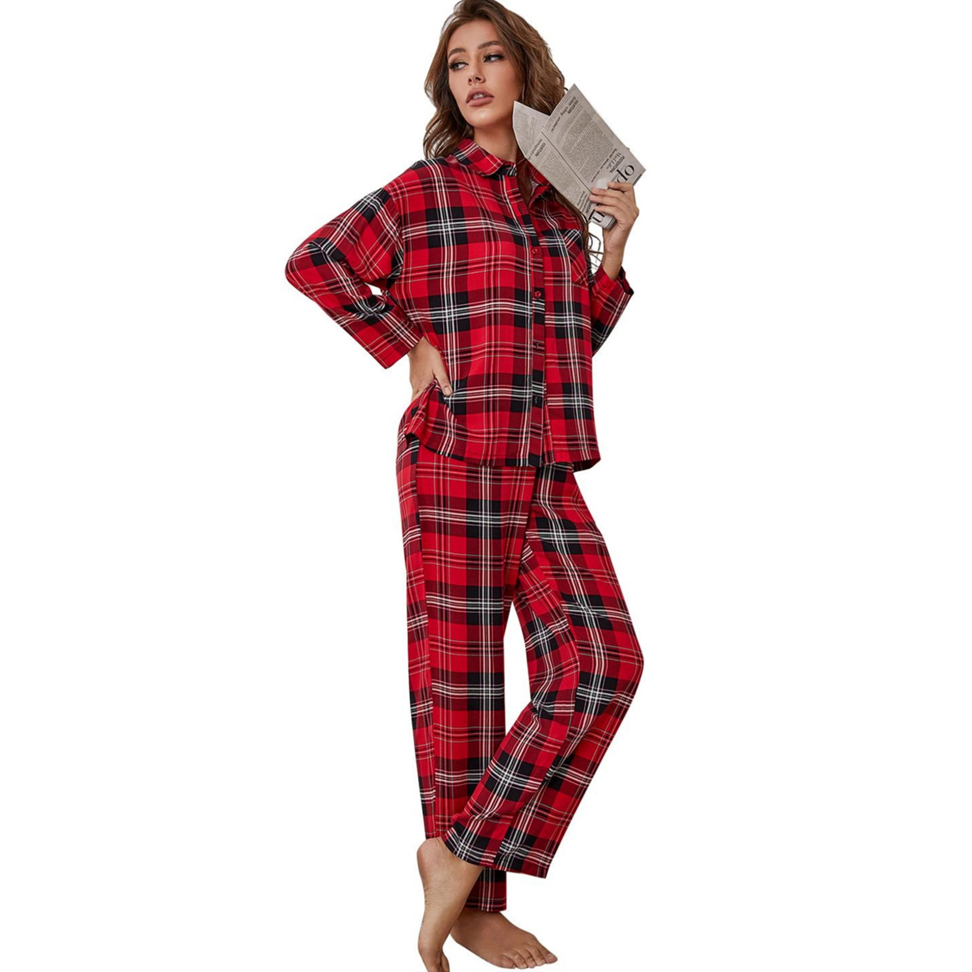 ebukurty Women's Long Sleeve Button Down Pajama Sets Woman Plaid 2
