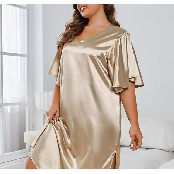 ebukurty Women's Plus Size Nightwear Dress Ruffle Short Sleeve Pajama Female Oversize Nightgown Pj