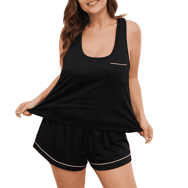 ebukurty Women's Plus Size Pajama Set 2 Piece Soft Oversize Sleepwear Black Pajama Set