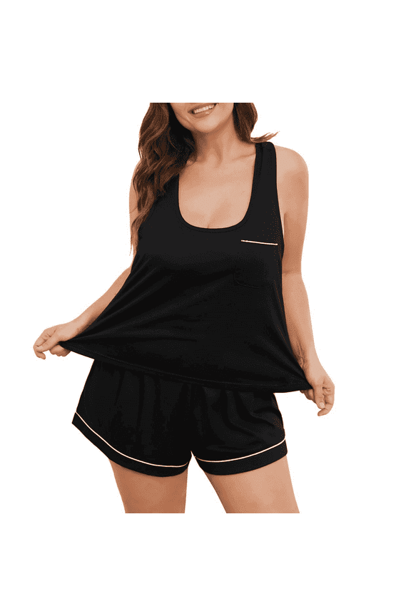 Plus Size Black Pajama Set for Women 2 Piece Soft Sleeveless U-collar Sleepwear,Sizes 1XL-4XL