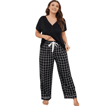 ebukurty Women's Plus Size V-Neck Cotton Plaid Sleepwear Sets, Black