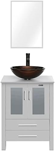 eclife 24" Modern Bathroom Vanity Sink Combo Gray Stand Cabinet with Brown Round Glass Vessel Sink & Water Save Faucet & Pop Up Drain (A09)