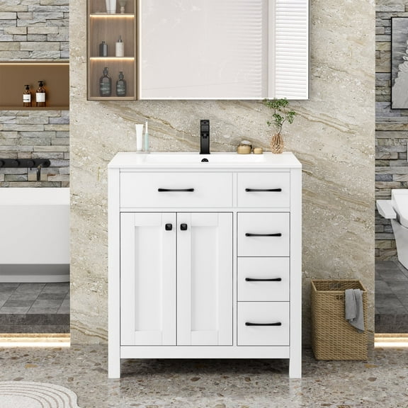 eclife 30 in Bathroom Vanity with Integrated Sink Top, White