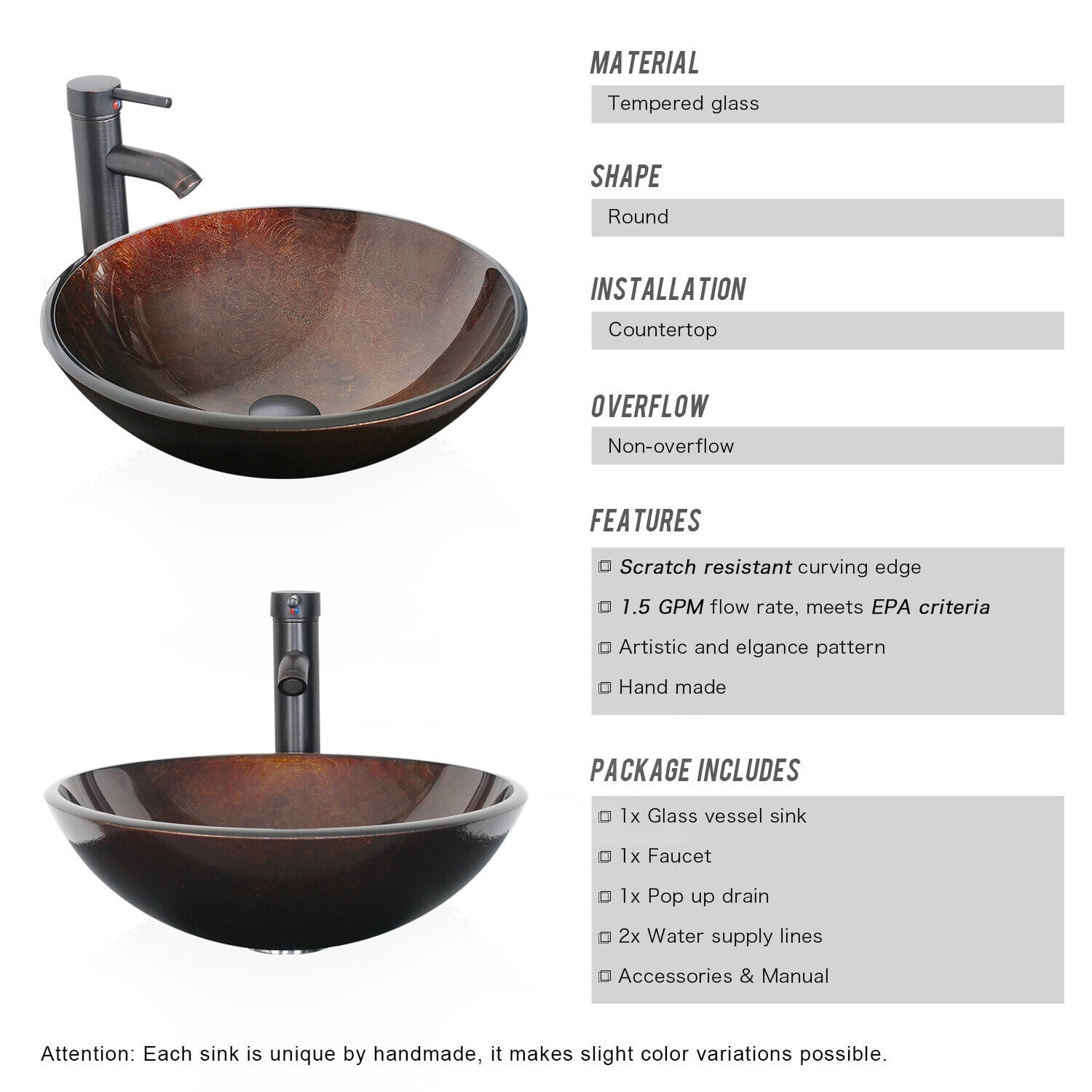 Eclife 36" Bathroom Vanity Combo - Grey With Side Cabinet, Tempered Glass Vessel Sink, ORB Faucet & Mirror