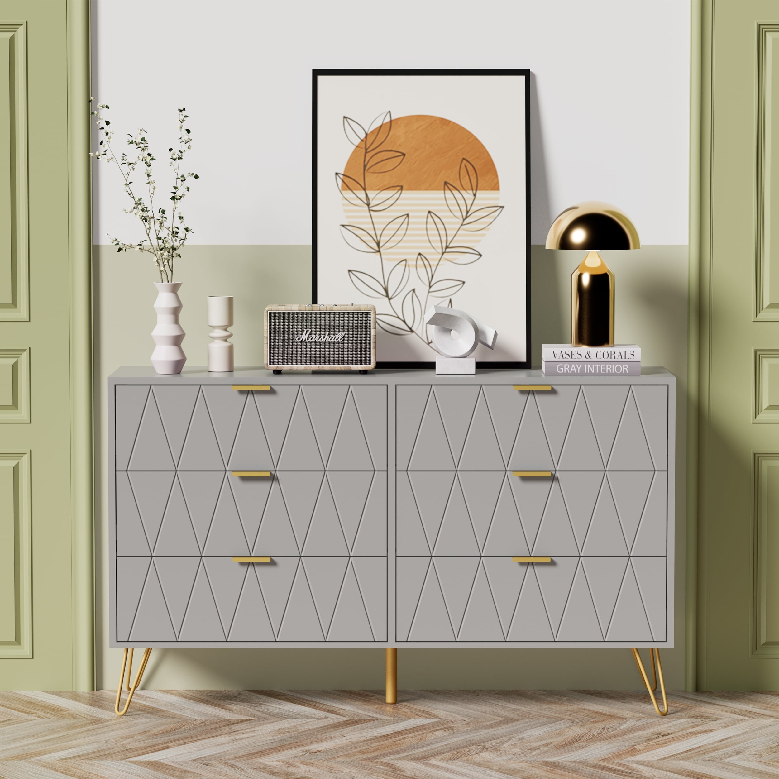 Large Gray MDF 6 Drawer Dresser with Gold Metal Handles