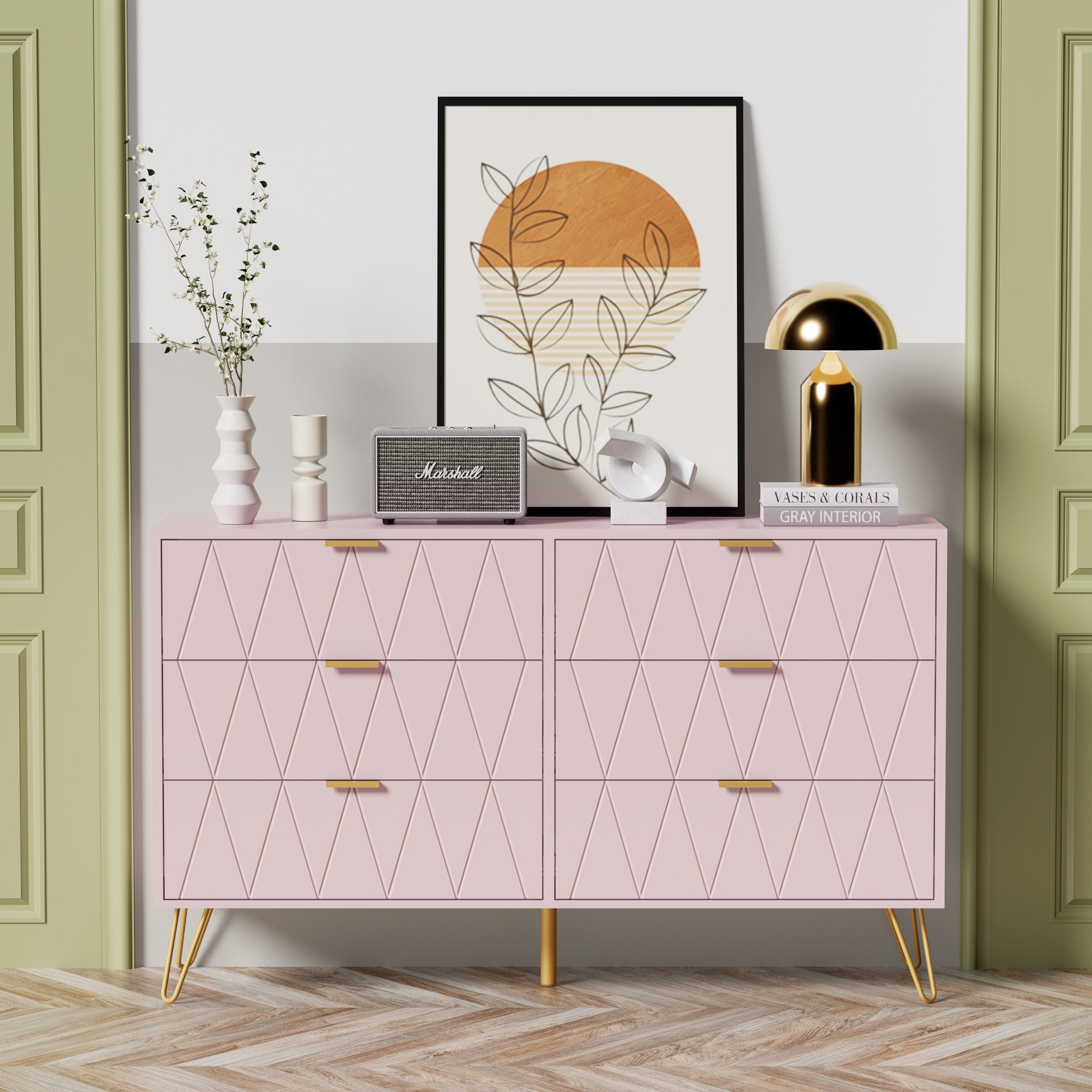 Large Pink MDF 6-Drawer Dresser with Gold Metal Handles