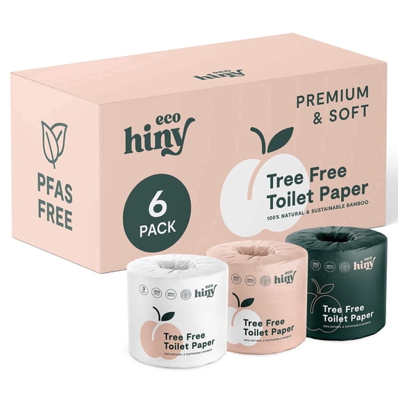 ecoHiny Premium & Soft Bamboo Toilet Paper | 6 Mega Rolls, 3 Ply & 350 Sheets | Tree Free Toilet Tissues | Plastic Free Packaging Packaging
