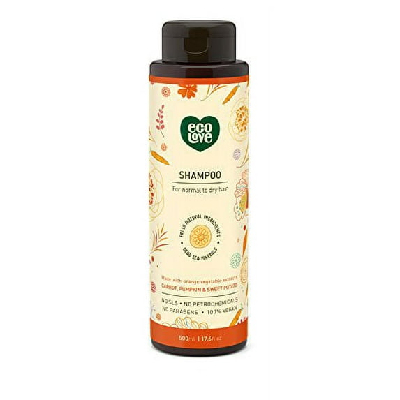 ecoLove - Natural Sulfate Free Shampoo, Chemical Free, Vegan & Cruelty Free Shampoo, Natural Dry Shampoo for Women, Organic Carrot and Pumpkin Shampoo, No SLS or Parabens, 17.6 oz