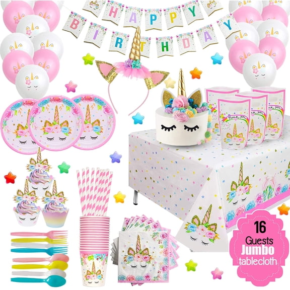 ecoZen Purple Unicorn Birthday Party Decorations - Magical Horse Themed Supplies for 16 Guests, Includes Plates, Cups, Napkins, Banner, Cutlery, Balloons, Tablecloth, Straws, Toppers Y114