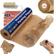 ecoducer 15”x164’ Honeycomb Packing Paper Moving Supplies with 48 Fragile Stickers &100 ft Jute Twine. Eco Friendly Bubble Cushioning Wrap Packing Material. Biodegradable Shipping Supplies.