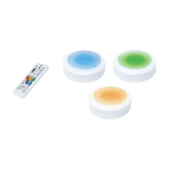 Ecolight 3-Pack 3-in Battery-Operated LED Puck Light - White Finish, IR Remote with Timer, Magnetic, 40 Lumens, RGB and 4000K Color Temperature