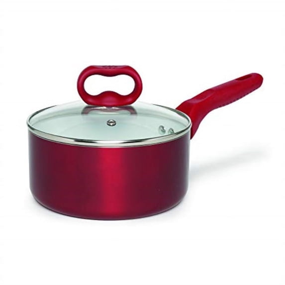 ecolution bliss ceramic nonstick saucepan with lid - 2 quart - induction stainless steel base pot, red