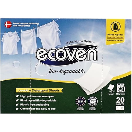 ecoven 99% Odors OUT Compact Tissue Type Laundry Detergent 6 Box (20 Sheets/1Box)-Great Cleaning Power, Plastic-free, Hypoallergenic for Sensitive Skin, Long-lasting Scent, Kinase, Fight Stains, Safe
