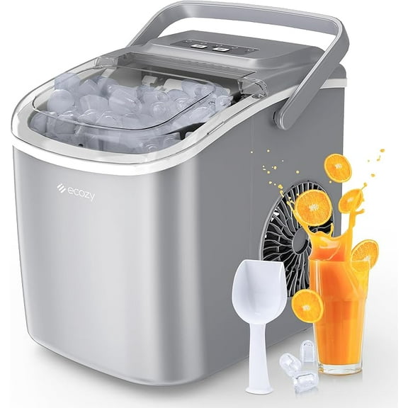 ecozy Portable Countertop Ice Maker - 9 Ice Cubes in 6 Minutes, 26 lbs Daily Output, Self-Cleaning with Ice Bags, Scoop, and Basket for Kitchen, Office, Bar, Party - White