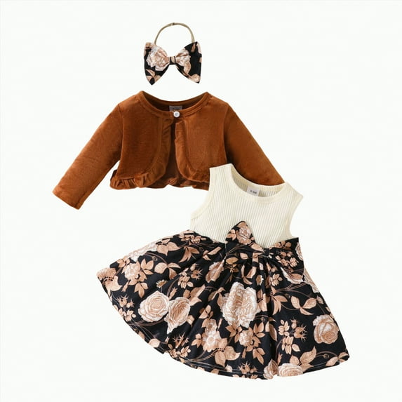 eczipvz 18 Months Girl Clothes Toddler Little Girls Dress and Cardigan Sets 2 Piece Floral Print Sleeveless Dress and Long Sleeve Cardigan Set(Brown,12-18 Months)