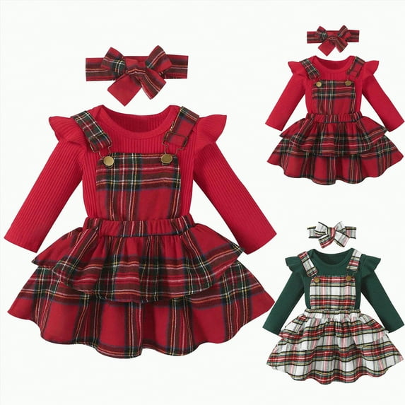 eczipvz 24 Month Girl Clothes Baby Girl Christmas Clothes Plaid Outfits Long Sleeve Romper Overall Skirt Dress Cute Outfit(Green,0-3 Months)