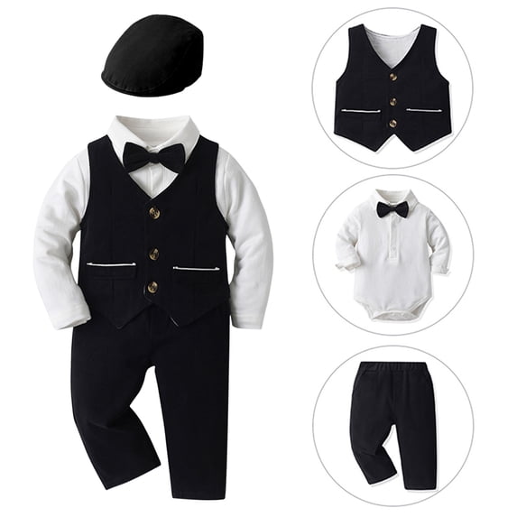 eczipvz Baby Boy Clothes Suits Infant Gentleman Wedding Outfit Formal Dress Shirt Vest Bowtie Pants Baby Suit Sets Black,6-12 Months