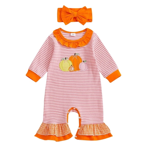 eczipvz Baby Girl Striped Waffle Knit Romper Set, Pumpkin Embroidery Ruffle Long Sleeve Jumpsuit with Matching Bow Headband, Fall Infant Outfit Orange 12-18 Months