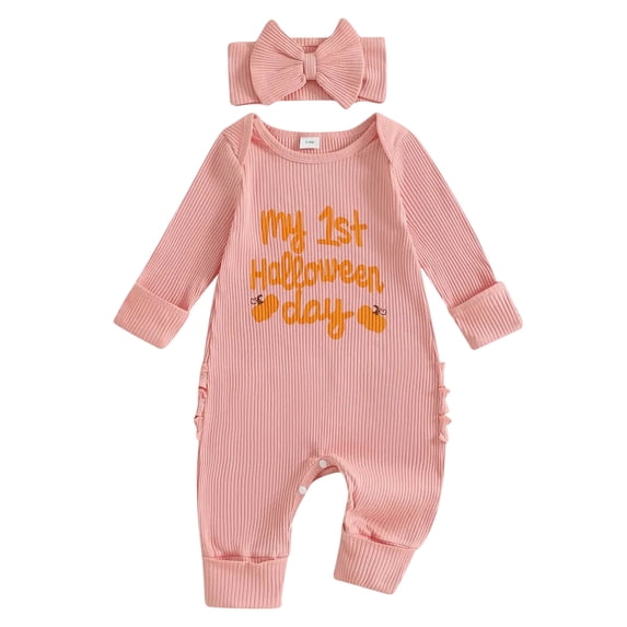 eczipvz Baby Girl Waffle Knit Romper with Bow Headband, My First Halloween Pumpkin Embroidery Long Sleeve Jumpsuit, Newborn Fall Outfit Red 3-6 Months