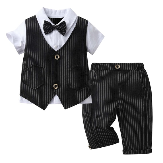 eczipvz Baby Toddler Boy Summer Wedding Pinstripe Vest Suit Gentleman Formal Outfits with Bow Tie, Black/Gray Black,18-24 Months