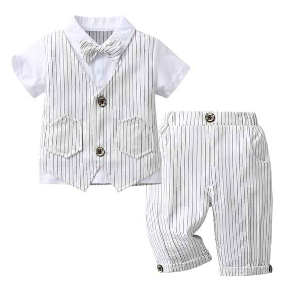eczipvz Baby Toddler Boy Summer Wedding Pinstripe Vest Suit Gentleman Formal Outfits with Bow Tie, Black/Gray White,6-12 Months