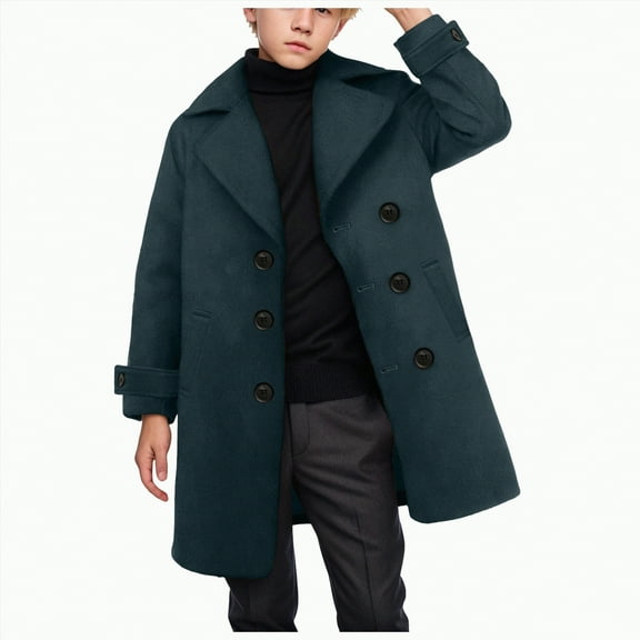 eczipvz Boys Thick Dress Coats Double Trench Coat Winter Pea Coat with Pockets(Dark Green,3-4 Years)