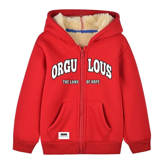 eczipvz Boys Zip‑Up Hooded Jacket Sherpa Lined Warm Long Sleeve Hoodie With Letter Print Front Pockets For Fall Winter Casual Wear Red 8-9 Years