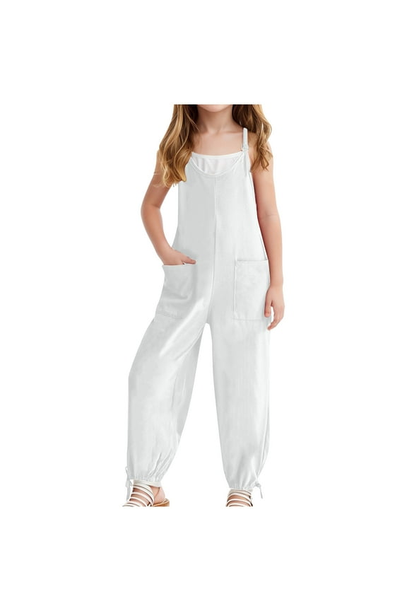 Cute Clothes for Girls Girl's V Neck Sleeveless Jumpsuits Spaghetti Straps Long Pants Rompers With Pockets White,5-6 Years