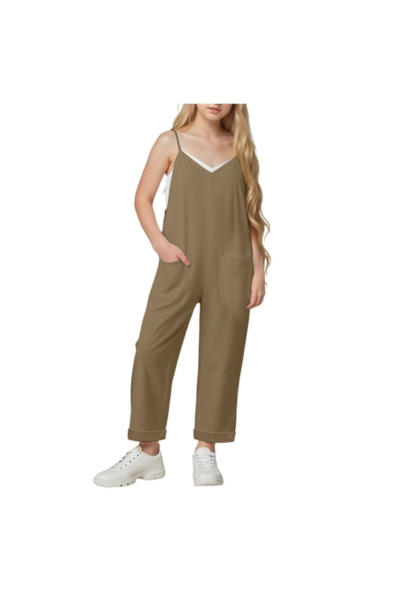 Girl's Casual Sleeveless Jumpsuits Spaghetti Straps Long Overalls With Pockets Clothes for Girls Brown|4-5 Years
