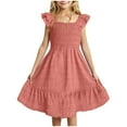 thumbnail image 1 of eczipvz Girl's Easter Dress Summer Dresses Smocked Flutter Sleeve A-Line Sundresses Swing Mini Casual Party Dresses Brick Red,11-12 Years, 1 of 5