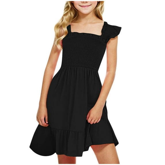 eczipvz Girl's Easter Dress Summer Dresses Smocked Flutter Sleeve A-Line Sundresses Swing Mini Casual Party Dresses Size 3-14 Years Black,11-12 Years