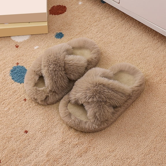 eczipvz Girl's Fluffy Furry Slippers 4-11T Flip Flop Open Toe Toddler Kids Slippers Cross Band Shoes Slides for Girls House Home Indoor Outdoor (Khaki,10.5)