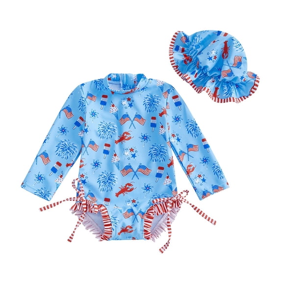 eczipvz Girls Bathing Suits Baby Girl 4th of July Swimsuit Long Sleeve One Piece Swimsuit Romper 4th of July Bathing Suit Beach Rash Guard(Sky Blue,3-6 Months)